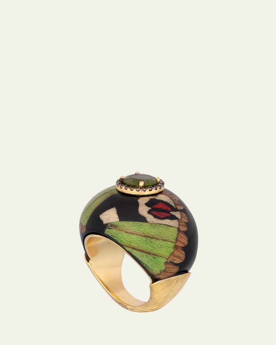 18K Yellow Gold Marquetry Ring with Green Butterfly Pattern, Diamonds and Peridot